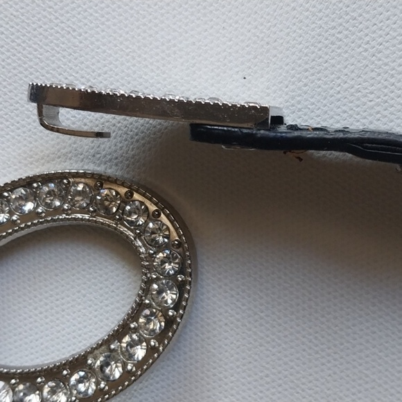 BELT Studded Black Leather Rhinestone Silvertones Regency Core Class Stretch